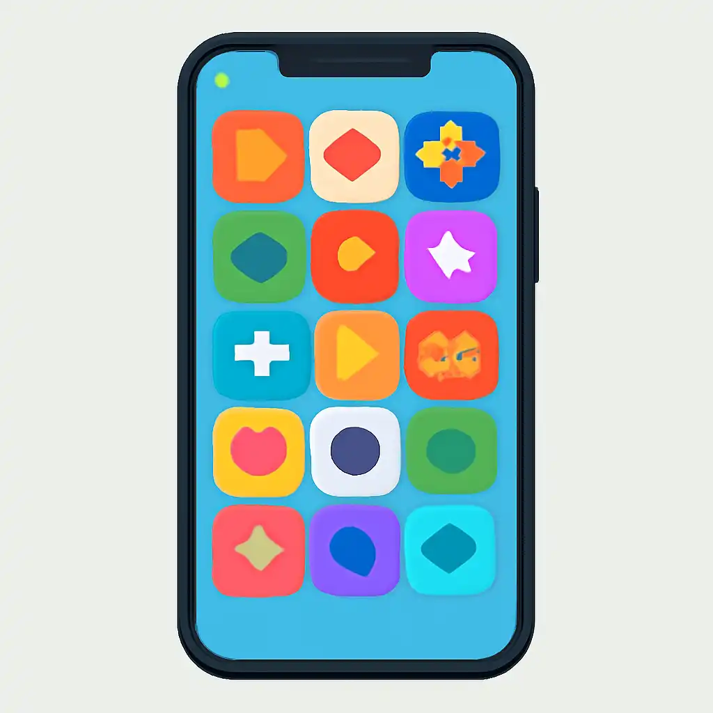 Smartphone shown from the front displaying a colourful flat layout of abstract game icons and rounded tiles (no text, no letters, no labels), 55 Game