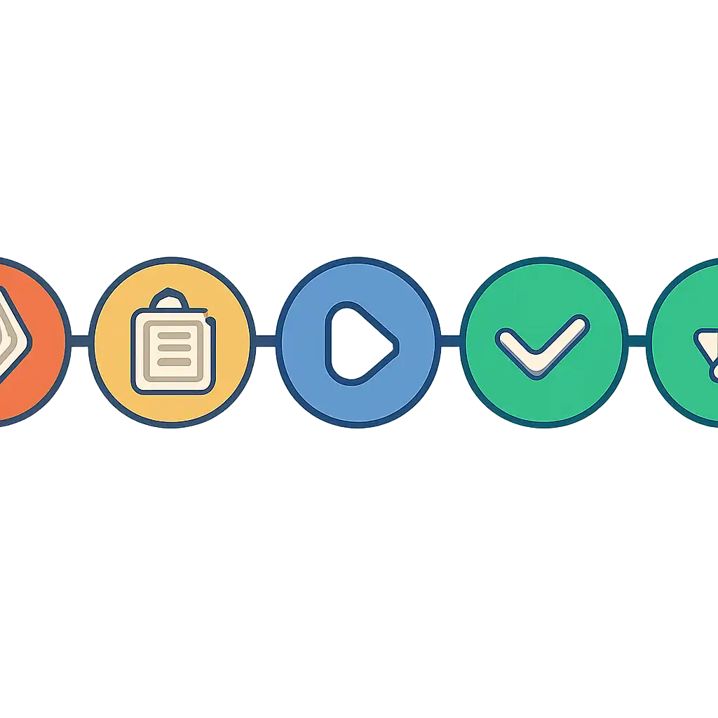 Five numbered circular icons connected by arrows in a horizontal flow, flat illustration, icons only, no words, 55 Game steps